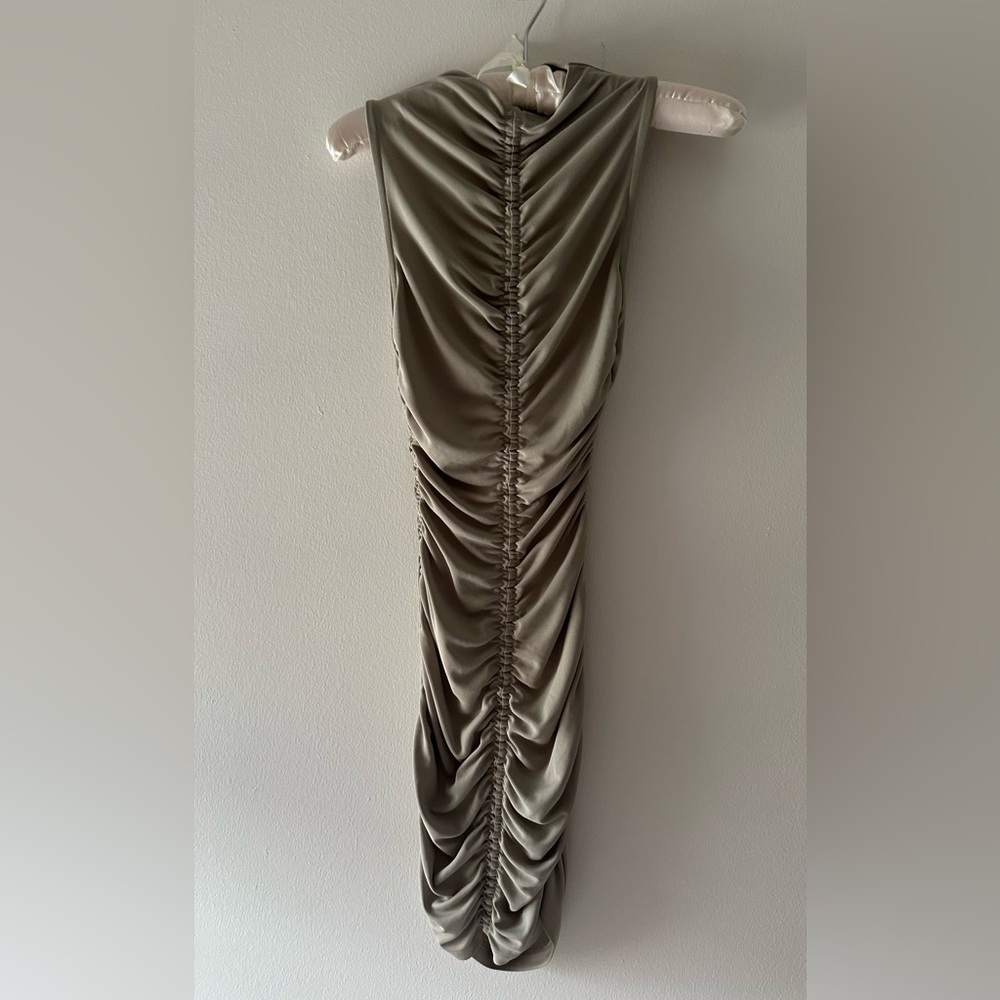 Elegant Ruched Sleeveless light sage green Mockneck Bodycon Dress